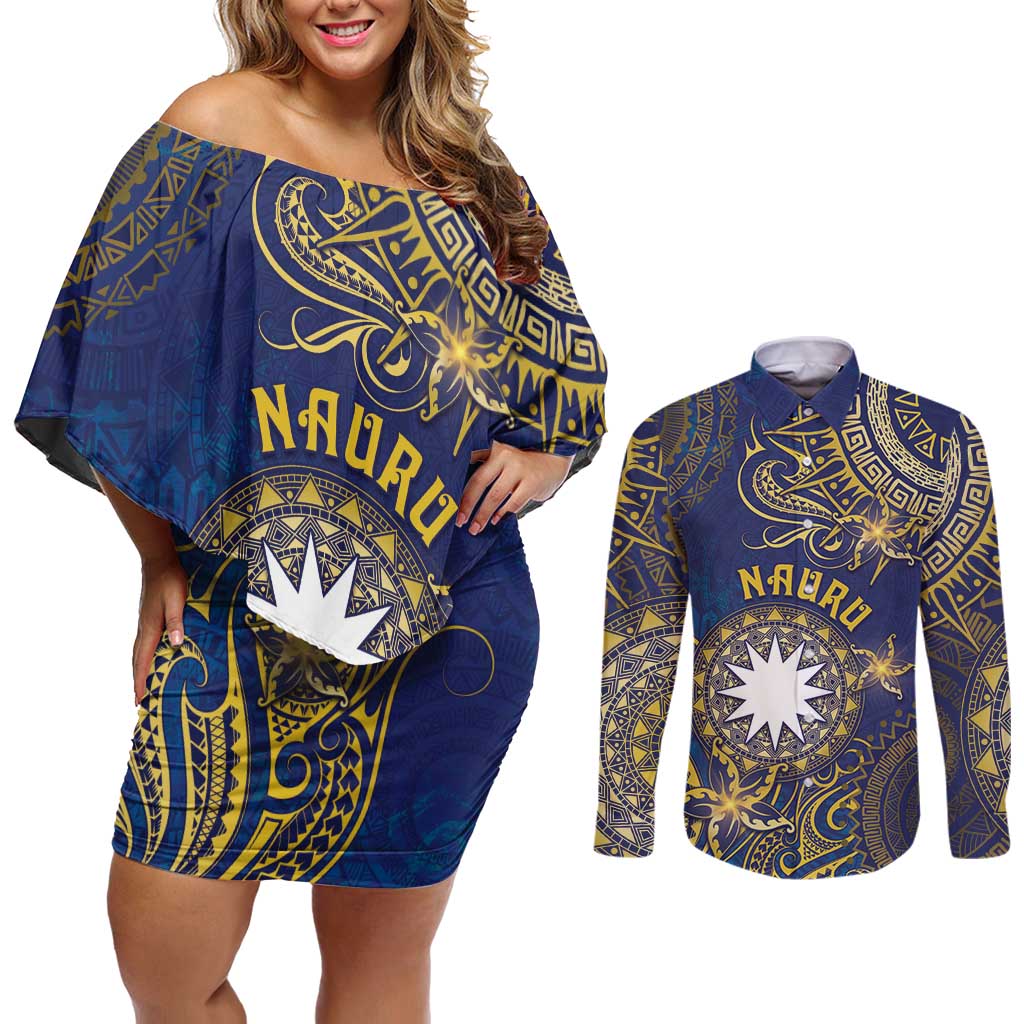 Personalised Nauru Couples Matching Off Shoulder Short Dress and Long Sleeve Button Shirt Hibiscus Polynesian Tribal Pattern DT05 Navy - Polynesian Pride