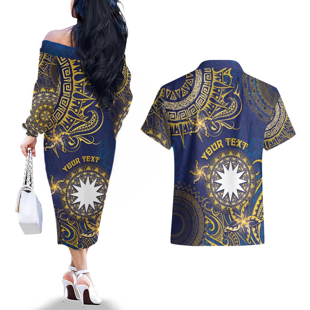 Personalised Nauru Couples Matching Off The Shoulder Long Sleeve Dress and Hawaiian Shirt Hibiscus Polynesian Tribal Pattern