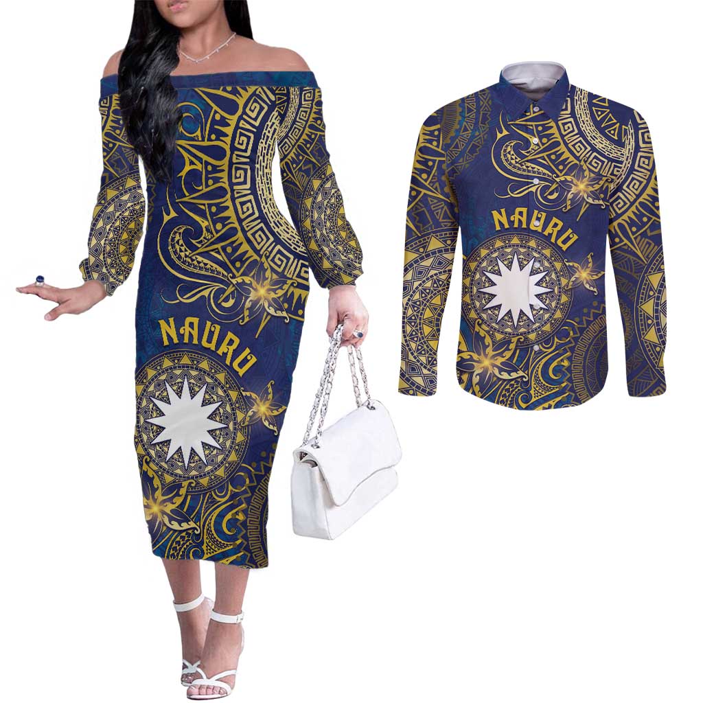 Personalised Nauru Couples Matching Off The Shoulder Long Sleeve Dress and Long Sleeve Button Shirt Hibiscus Polynesian Tribal Pattern DT05 Navy - Polynesian Pride