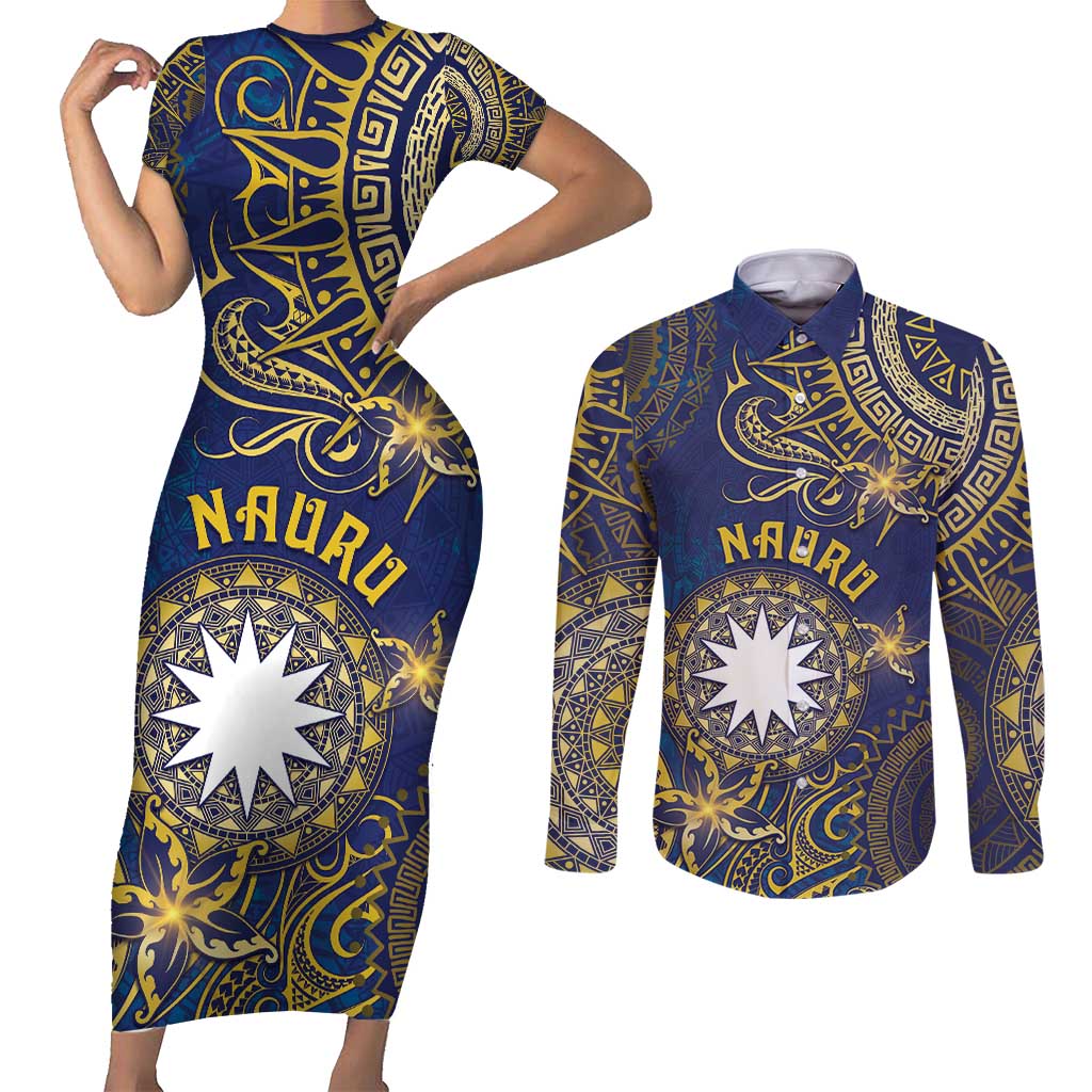 Personalised Nauru Couples Matching Short Sleeve Bodycon Dress and Long Sleeve Button Shirt Hibiscus Polynesian Tribal Pattern DT05 Navy - Polynesian Pride