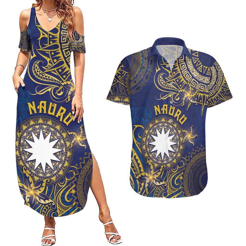 Personalised Nauru Couples Matching Summer Maxi Dress and Hawaiian Shirt Hibiscus Polynesian Tribal Pattern DT05 Navy - Polynesian Pride