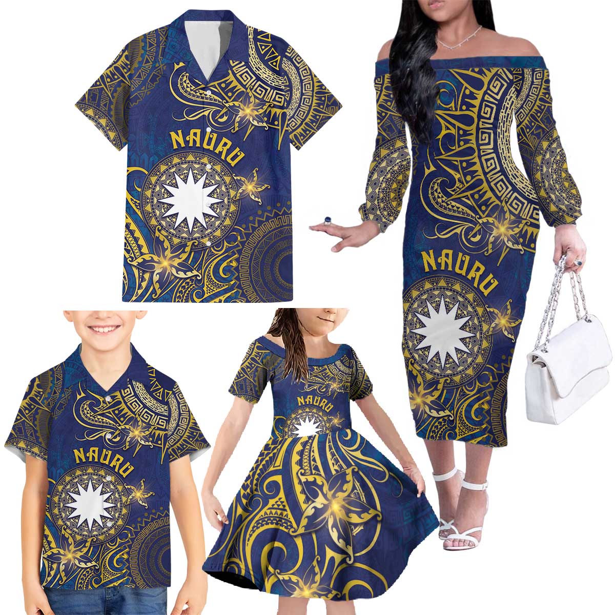 Personalised Nauru Family Matching Off The Shoulder Long Sleeve Dress and Hawaiian Shirt Hibiscus Polynesian Tribal Pattern DT05 - Polynesian Pride