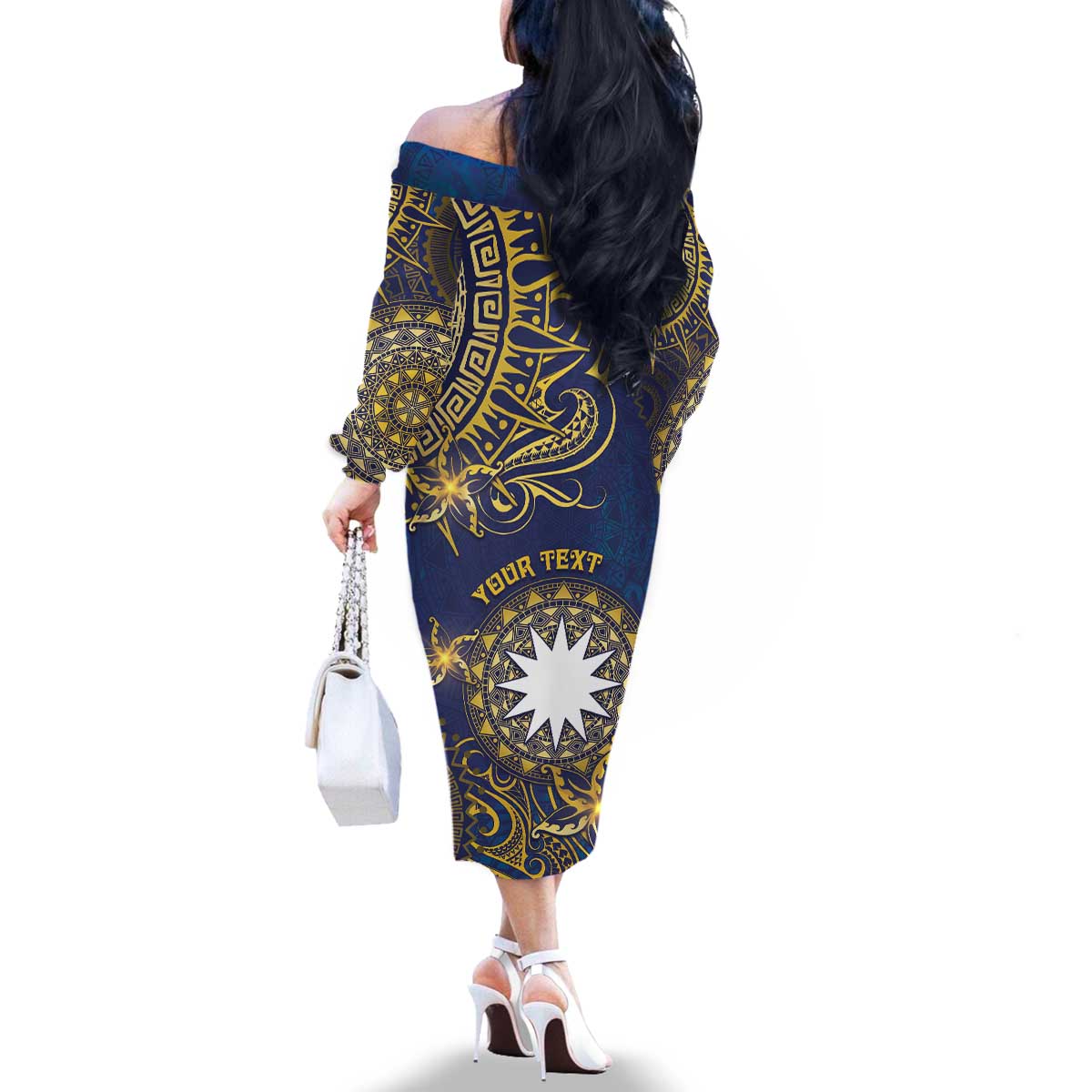 Personalised Nauru Family Matching Off The Shoulder Long Sleeve Dress and Hawaiian Shirt Hibiscus Polynesian Tribal Pattern