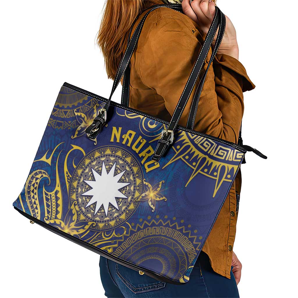 Nauru Leather Tote Bag Hibiscus Polynesian Tribal Pattern