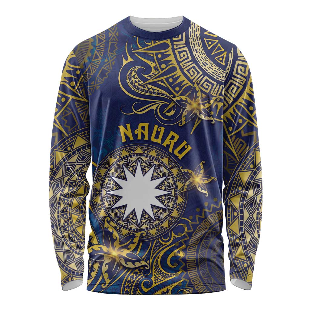 Personalised Nauru Long Sleeve Shirt Hibiscus Polynesian Tribal Pattern DT05 Unisex Navy - Polynesian Pride