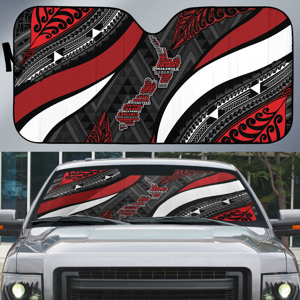 Aotearoa New Zealand Native Birds Map Auto Sun Shade Silver Fern Tribal Pattern DT05 Red - Polynesian Pride