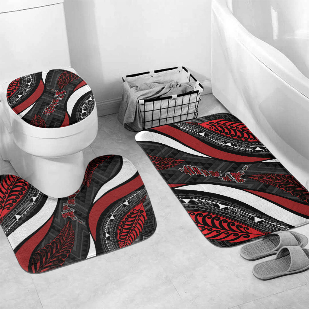 Aotearoa New Zealand Native Birds Map Bathroom Set Silver Fern Tribal Pattern DT05 Mat Set Only (3 pcs) One Size Red - Polynesian Pride