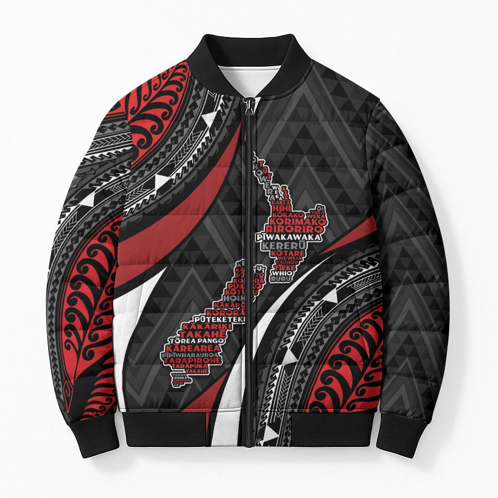 Aotearoa New Zealand Native Birds Map Bomber Puffer Jacket Silver Fern Tribal Pattern DT05 Unisex Red - Polynesian Pride
