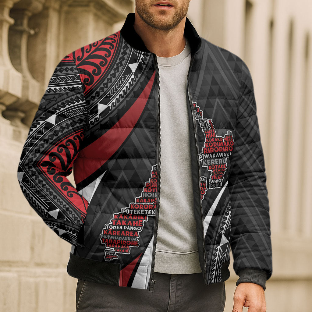 Aotearoa New Zealand Native Birds Map Bomber Puffer Jacket Silver Fern Tribal Pattern DT05 - Polynesian Pride