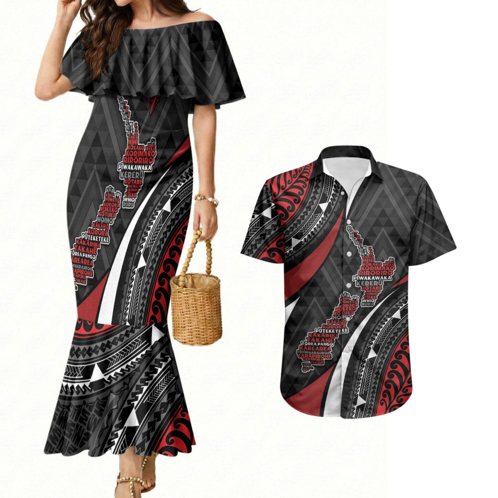 Aotearoa New Zealand Native Birds Map Couples Matching Mermaid Dress and Hawaiian Shirt Silver Fern Tribal Pattern DT05 Red - Polynesian Pride