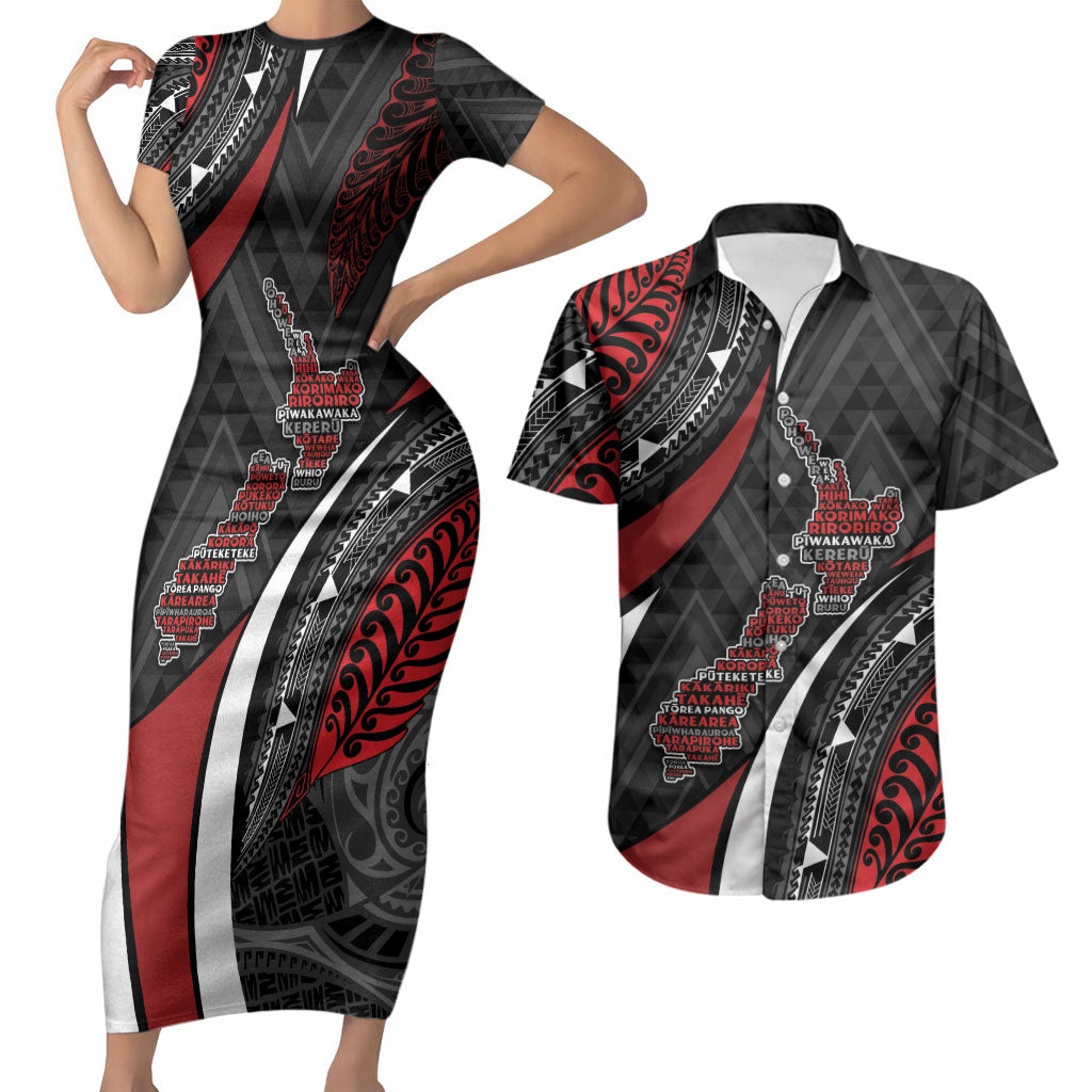Aotearoa New Zealand Native Birds Map Couples Matching Short Sleeve Bodycon Dress and Hawaiian Shirt Silver Fern Tribal Pattern