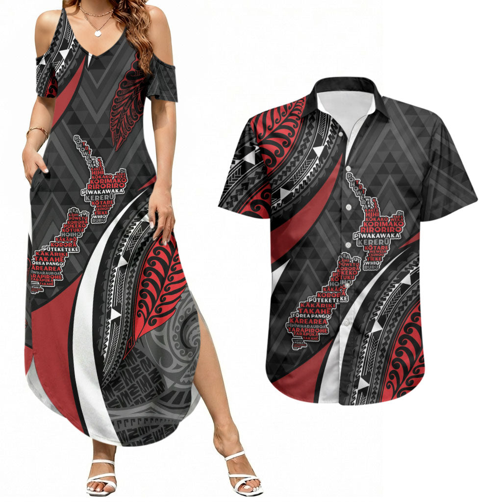 Aotearoa New Zealand Native Birds Map Couples Matching Summer Maxi Dress and Hawaiian Shirt Silver Fern Tribal Pattern DT05 Red - Polynesian Pride