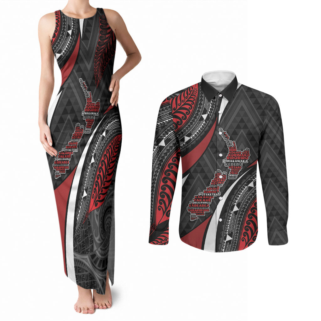 Aotearoa New Zealand Native Birds Map Couples Matching Tank Maxi Dress and Long Sleeve Button Shirt Silver Fern Tribal Pattern DT05 Red - Polynesian Pride