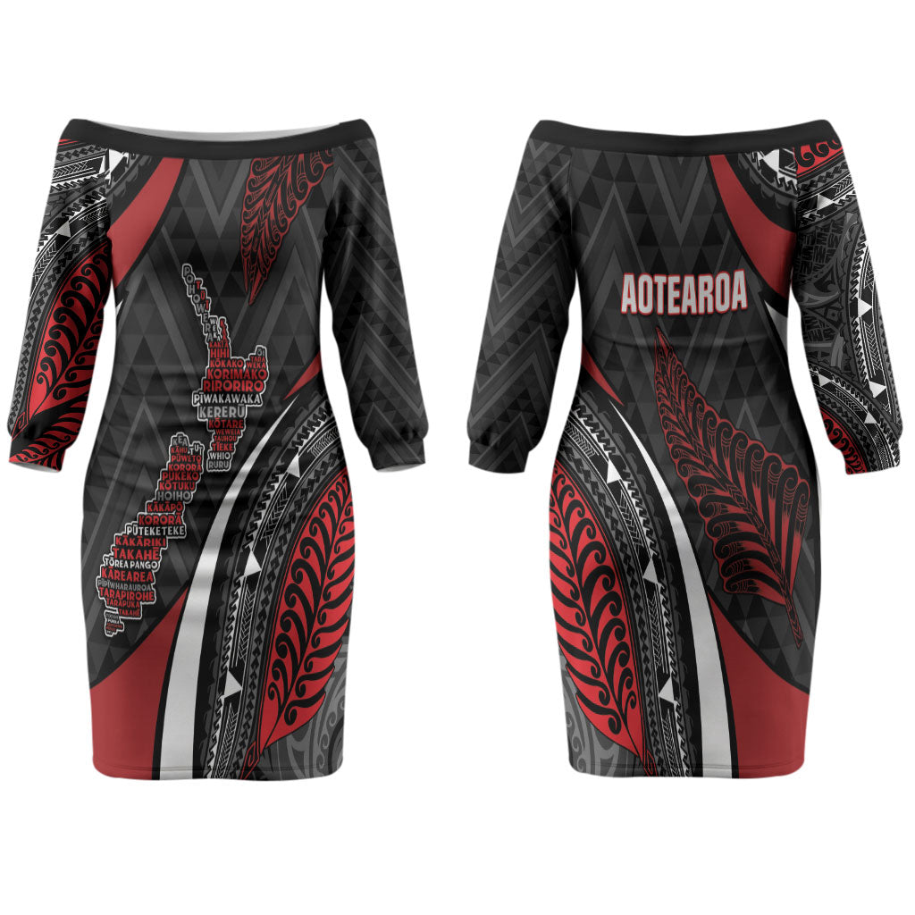 Aotearoa New Zealand Native Birds Map Family Matching Off The Shoulder Long Sleeve Dress and Hawaiian Shirt Silver Fern Tribal Pattern DT05 Mom's Dress Red - Polynesian Pride