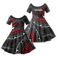 Aotearoa New Zealand Native Birds Map Family Matching Off The Shoulder Long Sleeve Dress and Hawaiian Shirt Silver Fern Tribal Pattern DT05 Daughter's Dress Red - Polynesian Pride