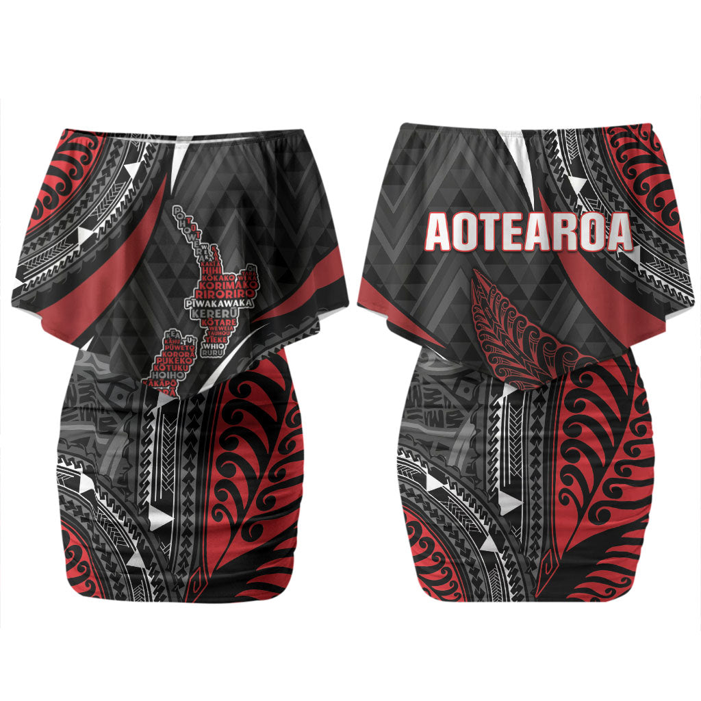 Aotearoa New Zealand Native Birds Map Family Matching Off Shoulder Short Dress and Hawaiian Shirt Silver Fern Tribal Pattern