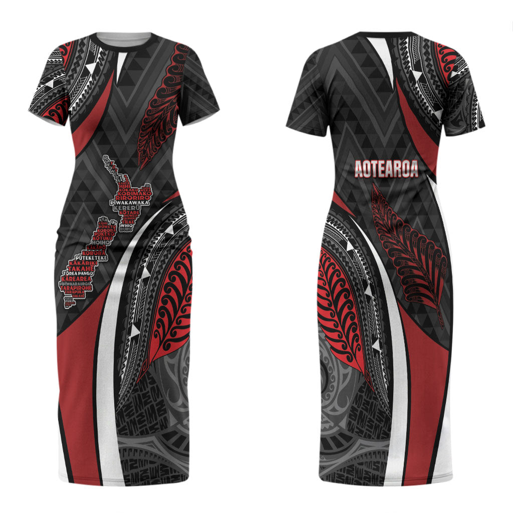 Aotearoa New Zealand Native Birds Map Family Matching Short Sleeve Bodycon Dress and Hawaiian Shirt Silver Fern Tribal Pattern