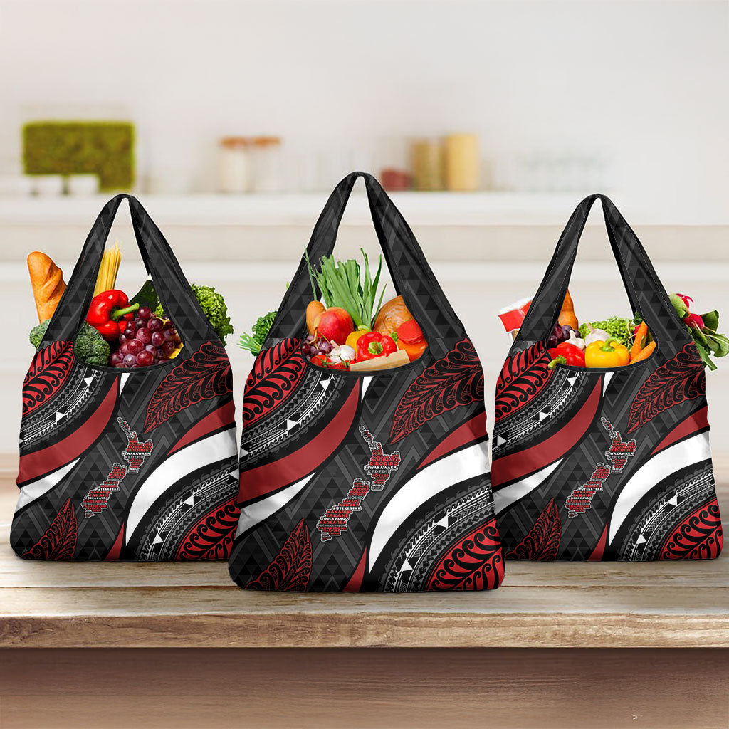 Aotearoa New Zealand Native Birds Map Grocery Bag Silver Fern Tribal Pattern DT05 3-pack One Size Red - Polynesian Pride