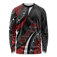 Aotearoa New Zealand Native Birds Map Long Sleeve Shirt Silver Fern Tribal Pattern DT05 Unisex Red - Polynesian Pride