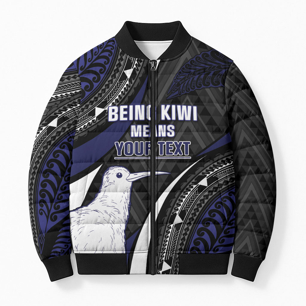 Personalised New Zealand Kiwi Bomber Puffer Jacket Silver Fern Tribal Pattern DT05 Unisex Navy - Polynesian Pride