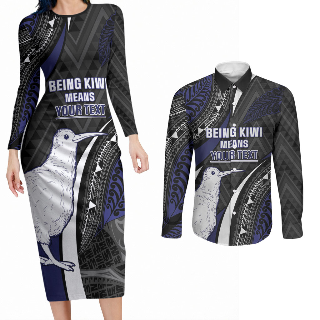 Personalised New Zealand Kiwi Couples Matching Long Sleeve Bodycon Dress and Long Sleeve Button Shirt Silver Fern Tribal Pattern DT05 Navy - Polynesian Pride