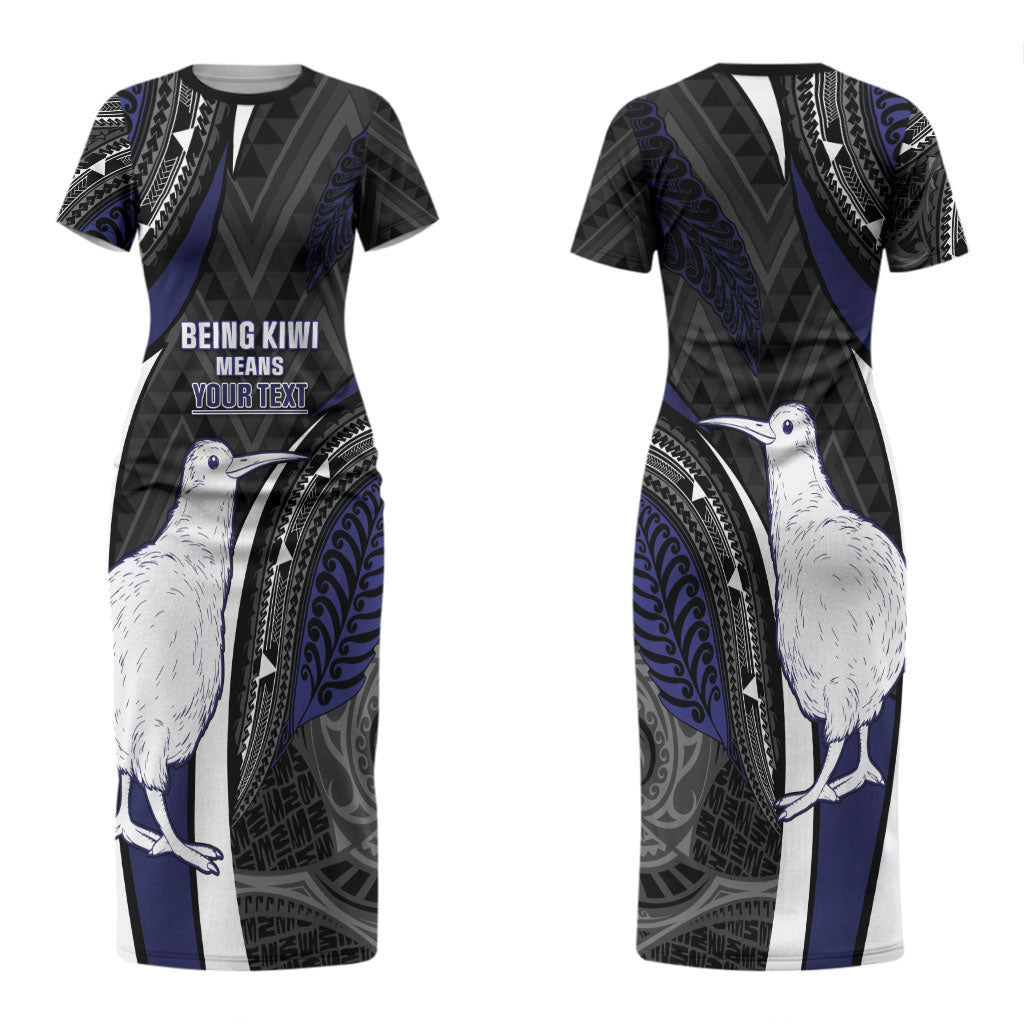 Personalised New Zealand Kiwi Couples Matching Short Sleeve Bodycon Dress and Hawaiian Shirt Silver Fern Tribal Pattern