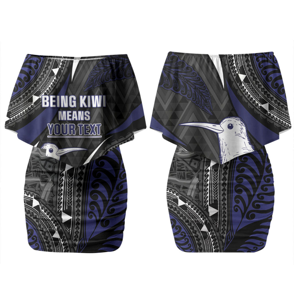 Personalised New Zealand Kiwi Family Matching Off Shoulder Short Dress and Hawaiian Shirt Silver Fern Tribal Pattern
