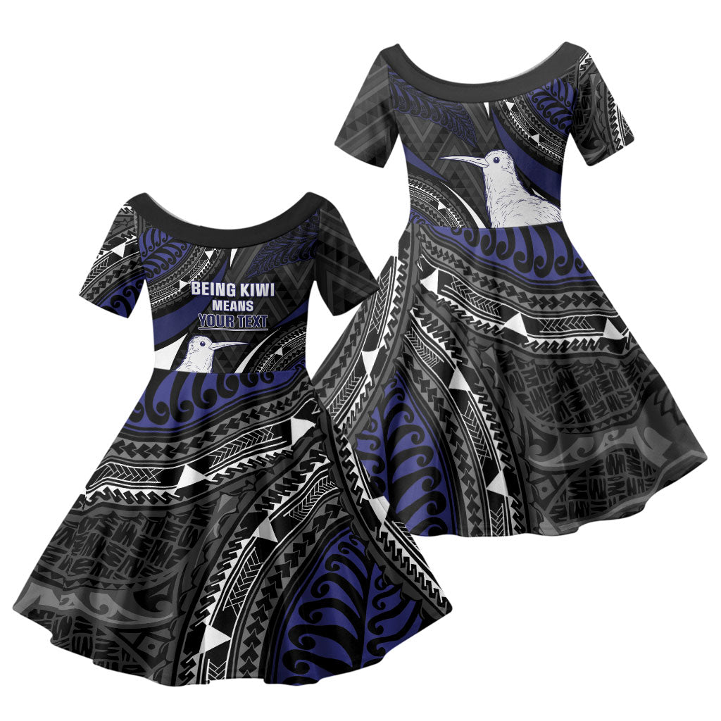 Personalised New Zealand Kiwi Family Matching Off Shoulder Short Dress and Hawaiian Shirt Silver Fern Tribal Pattern