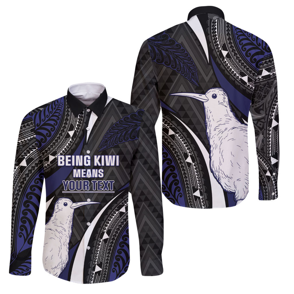 Personalised New Zealand Kiwi Family Matching Puletasi and Hawaiian Shirt Silver Fern Tribal Pattern DT05 Dad's Shirt - Long Sleeve Navy - Polynesian Pride
