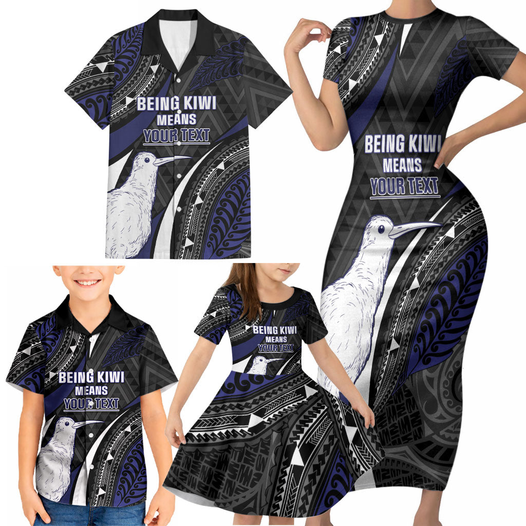 Personalised New Zealand Kiwi Family Matching Short Sleeve Bodycon Dress and Hawaiian Shirt Silver Fern Tribal Pattern