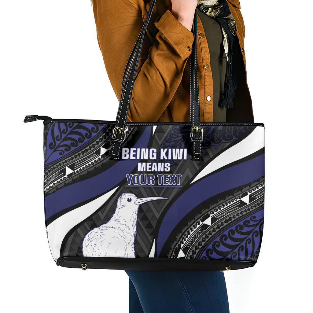 Personalised New Zealand Kiwi Leather Tote Bag Silver Fern Tribal Pattern