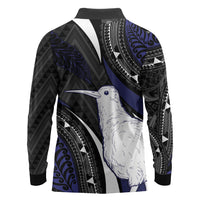 Personalised New Zealand Kiwi Long Sleeve Polo Shirt Silver Fern Tribal Pattern