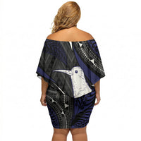 Personalised New Zealand Kiwi Off Shoulder Short Dress Silver Fern Tribal Pattern