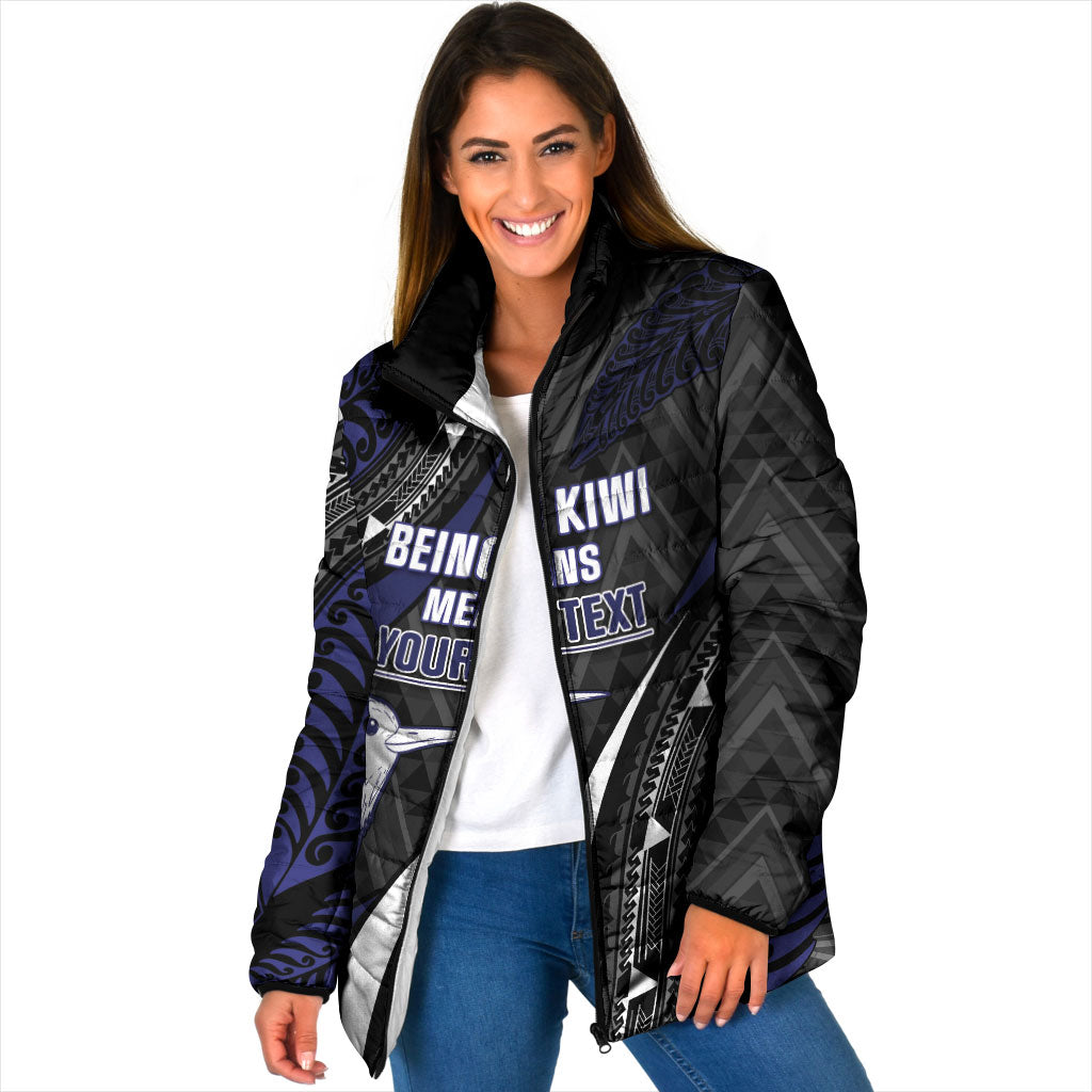 Personalised New Zealand Kiwi Padded Jacket Silver Fern Tribal Pattern DT05 Women Navy - Polynesian Pride