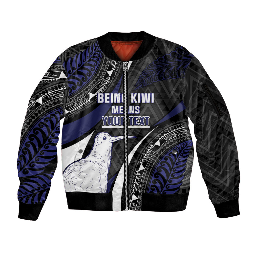 Personalised New Zealand Kiwi Sleeve Zip Bomber Jacket Silver Fern Tribal Pattern DT05 Unisex Navy - Polynesian Pride