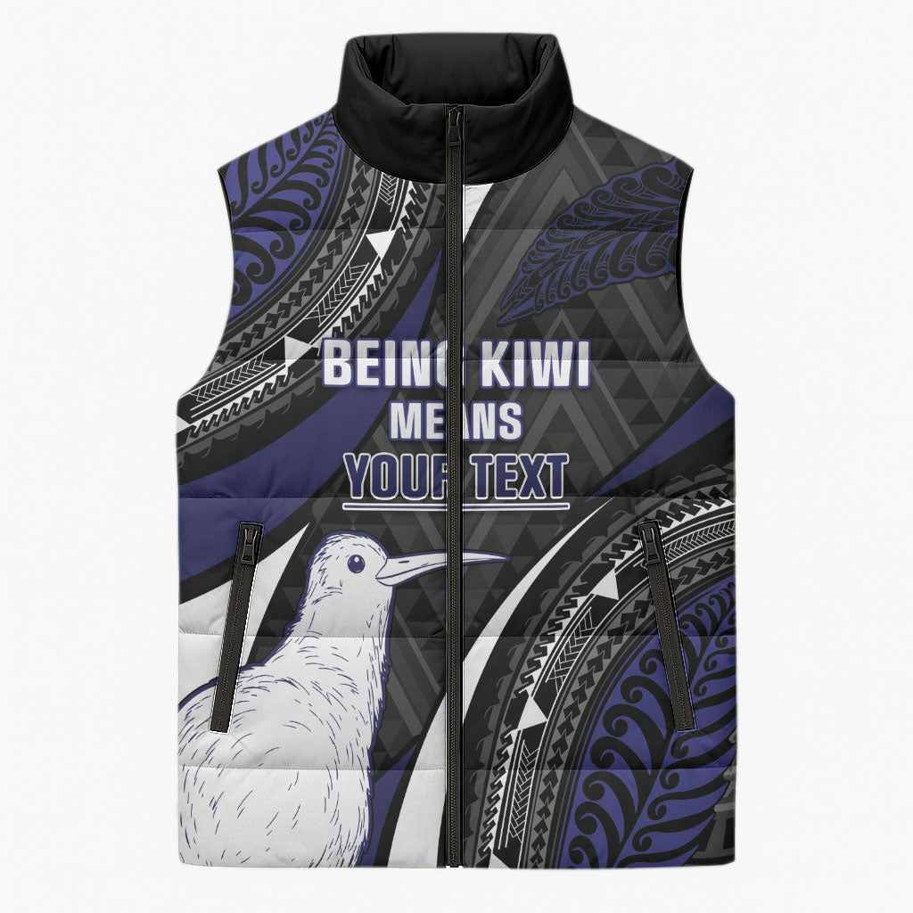 Personalised New Zealand Kiwi Sleeveless Puffer Jacket Silver Fern Tribal Pattern DT05 Unisex Navy - Polynesian Pride