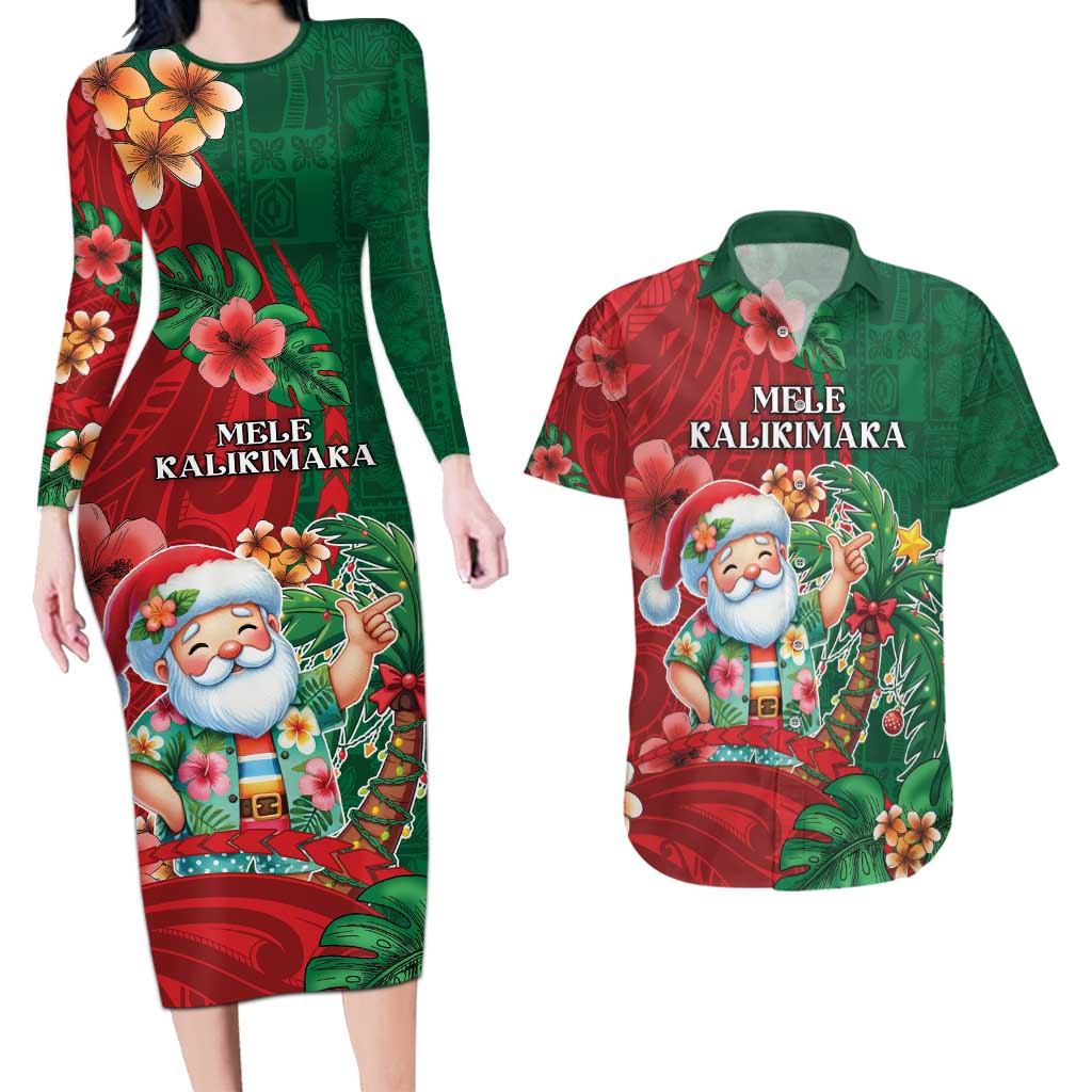 Hawaii Christmas Couples Matching Long Sleeve Bodycon Dress and Hawaiian Shirt Mele Kalikimaka Funny Hawaiian Santa DT05 Green - Polynesian Pride