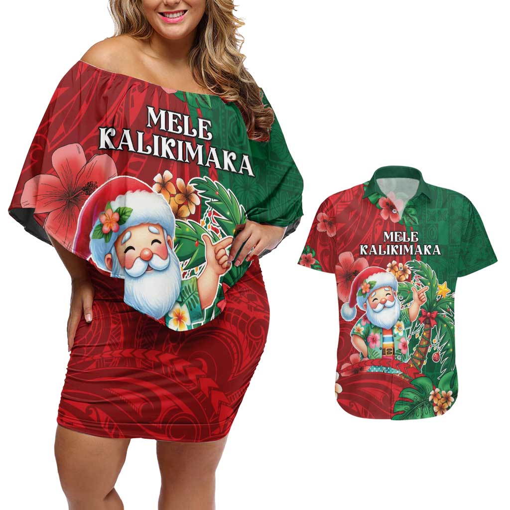 Hawaii Christmas Couples Matching Off Shoulder Short Dress and Hawaiian Shirt Mele Kalikimaka Funny Hawaiian Santa DT05 Green - Polynesian Pride