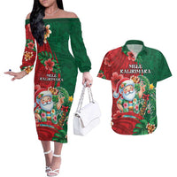 Hawaii Christmas Couples Matching Off The Shoulder Long Sleeve Dress and Hawaiian Shirt Mele Kalikimaka Funny Hawaiian Santa DT05 Green - Polynesian Pride
