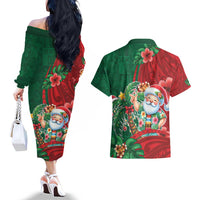 Hawaii Christmas Couples Matching Off The Shoulder Long Sleeve Dress and Hawaiian Shirt Mele Kalikimaka Funny Hawaiian Santa DT05 - Polynesian Pride