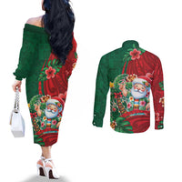 Hawaii Christmas Couples Matching Off The Shoulder Long Sleeve Dress and Long Sleeve Button Shirt Mele Kalikimaka Funny Hawaiian Santa DT05 - Polynesian Pride