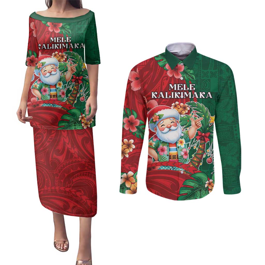 Hawaii Christmas Couples Matching Puletasi and Long Sleeve Button Shirt Mele Kalikimaka Funny Hawaiian Santa - Polynesian Pride