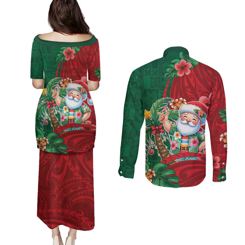 Hawaii Christmas Couples Matching Puletasi and Long Sleeve Button Shirt Mele Kalikimaka Funny Hawaiian Santa - Polynesian Pride