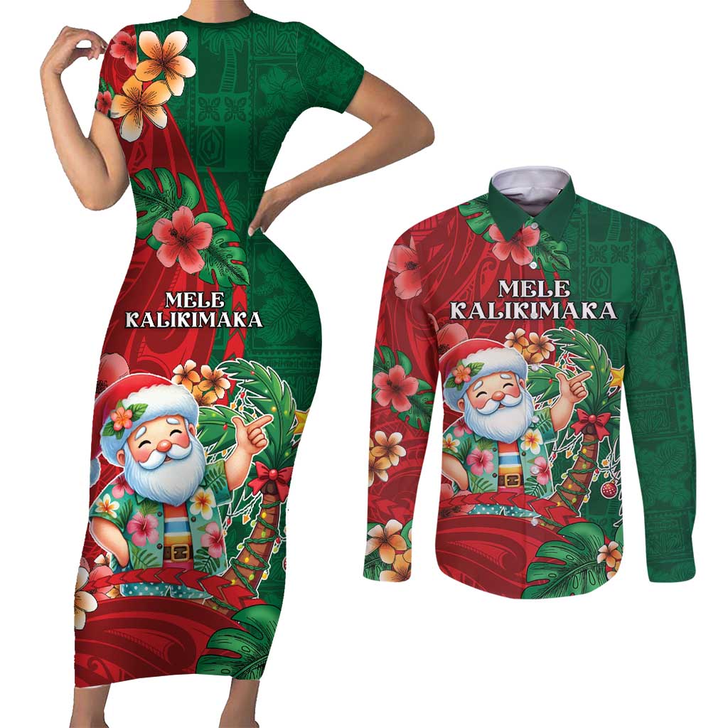 Hawaii Christmas Couples Matching Short Sleeve Bodycon Dress and Long Sleeve Button Shirt Mele Kalikimaka Funny Hawaiian Santa DT05 Green - Polynesian Pride