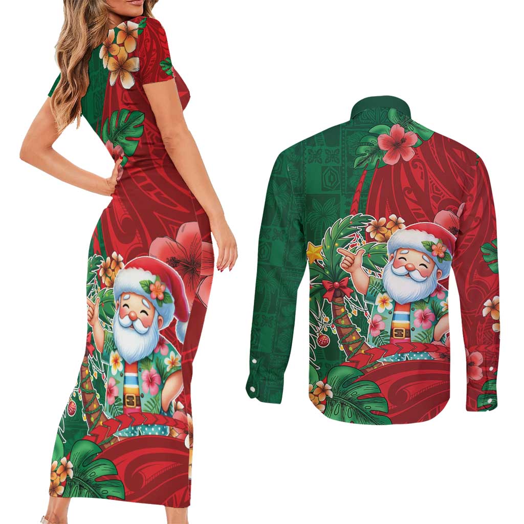 Hawaii Christmas Couples Matching Short Sleeve Bodycon Dress and Long Sleeve Button Shirt Mele Kalikimaka Funny Hawaiian Santa DT05 - Polynesian Pride