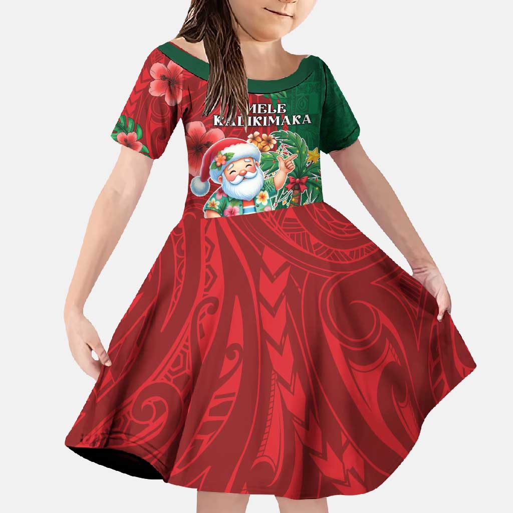 Hawaii Christmas Family Matching Mermaid Dress and Hawaiian Shirt Mele Kalikimaka Funny Hawaiian Santa DT05 Daughter's Dress Green - Polynesian Pride