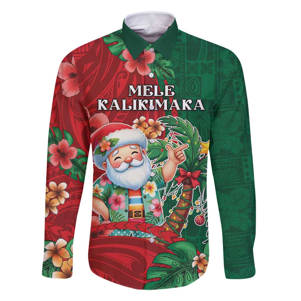 Hawaii Christmas Family Matching Mermaid Dress and Hawaiian Shirt Mele Kalikimaka Funny Hawaiian Santa DT05 Dad's Shirt - Long Sleeve Green - Polynesian Pride