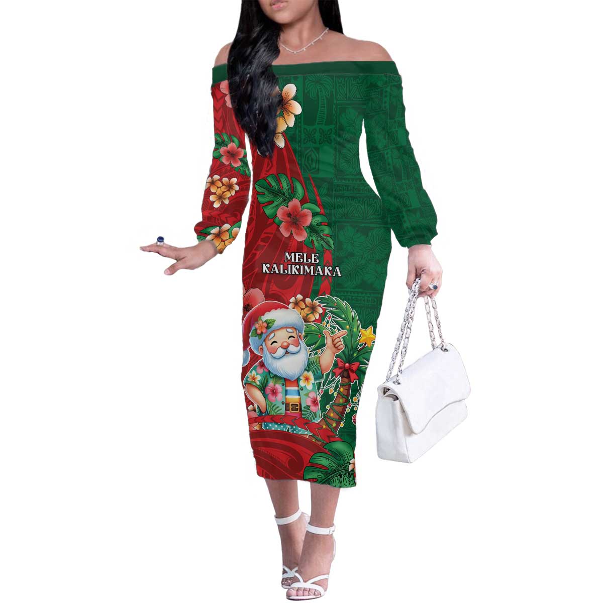 Hawaii Christmas Family Matching Off The Shoulder Long Sleeve Dress and Hawaiian Shirt Mele Kalikimaka Funny Hawaiian Santa DT05 Mom's Dress Green - Polynesian Pride