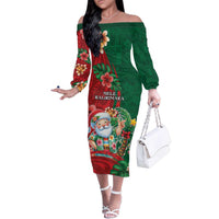 Hawaii Christmas Family Matching Off The Shoulder Long Sleeve Dress and Hawaiian Shirt Mele Kalikimaka Funny Hawaiian Santa DT05 Mom's Dress Green - Polynesian Pride