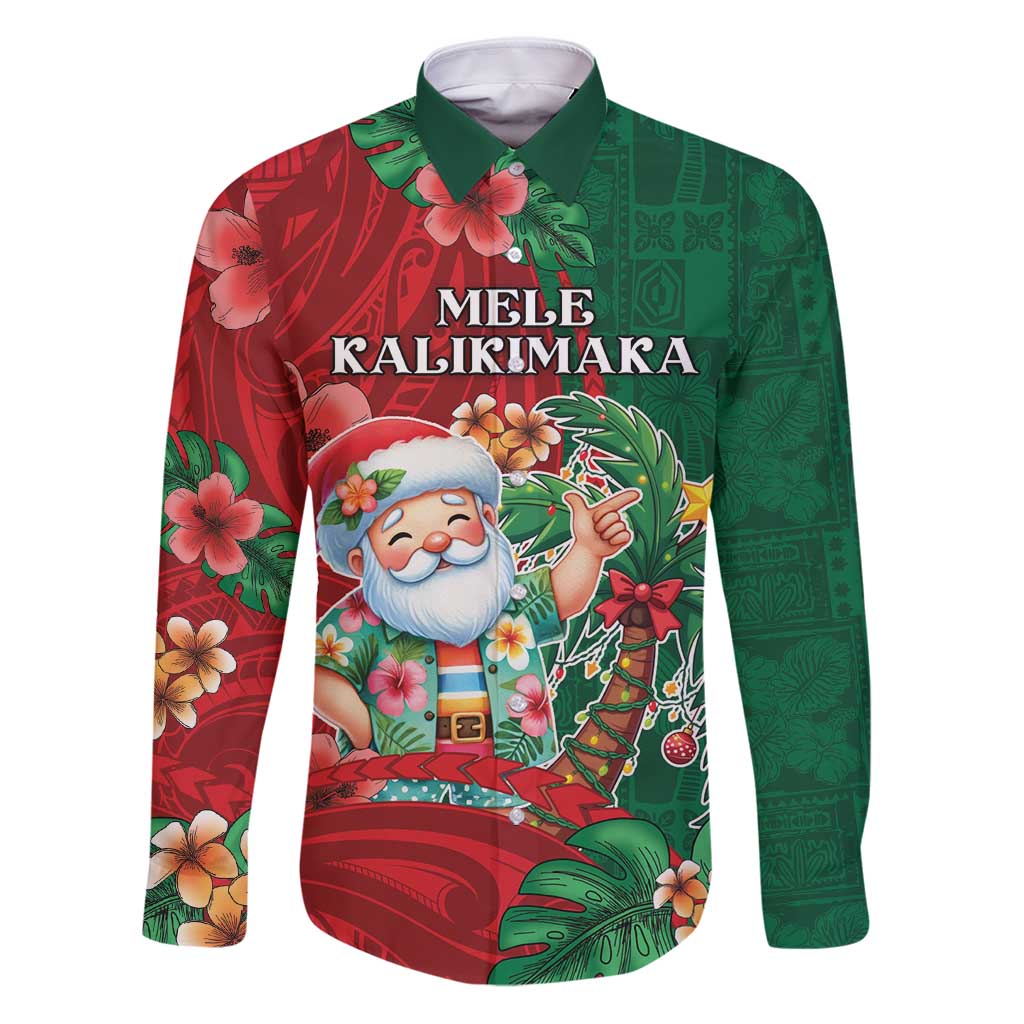 Hawaii Christmas Family Matching Puletasi and Hawaiian Shirt Mele Kalikimaka Funny Hawaiian Santa DT05 Dad's Shirt - Long Sleeve Green - Polynesian Pride